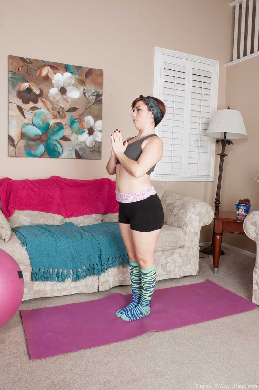 Chubby cute girl Simone doffs workout clothes to reveal furry snatch & finger Hairy Delights - Simone