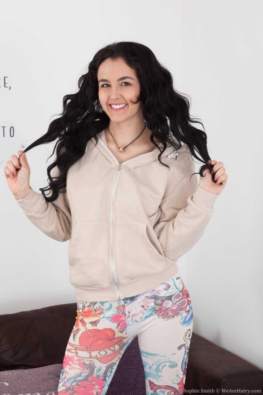Brunette Cutie Sophie Smith Unveils Her Bushy Clam and Poses on a Couch for the First Time - Sophie Smith