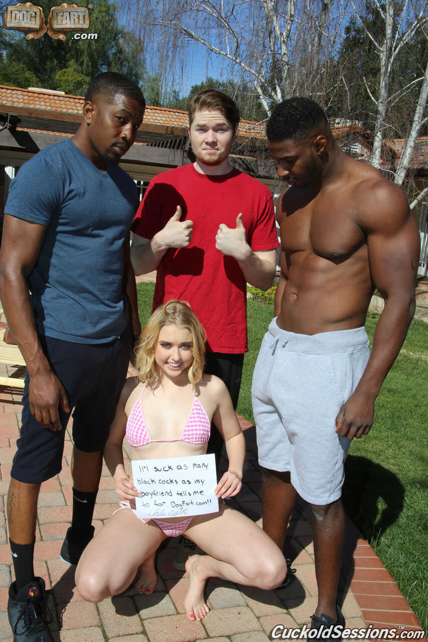 Blonde teen Chloe Couture cuckolds her boyfriend with two black studs and her naked cute body gets ravaged by their massive BBCs while her husband watches in envy