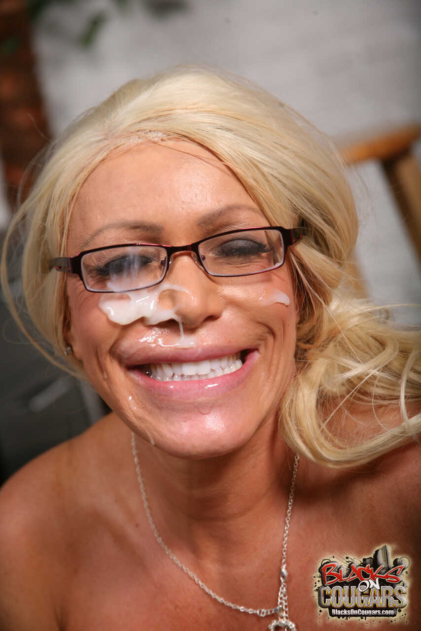 Blonde cougar Alexis Diamonds gets BBC creampie on her glasses while being ravished by hung black stud Derek Skeeter in an interracial mature cougar porn fantasy