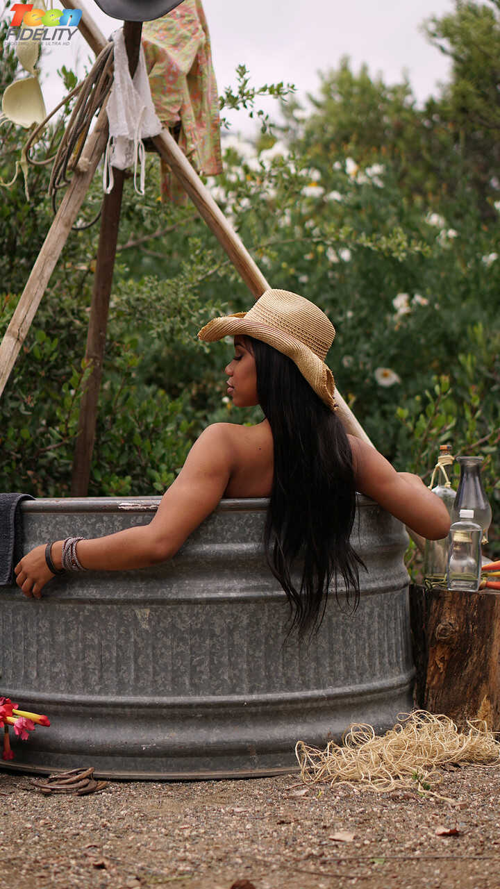 Ebony cowgirl Jenna J Foxx with juicy tits rides married man's cock reverse while he watches her big black pussy boun...