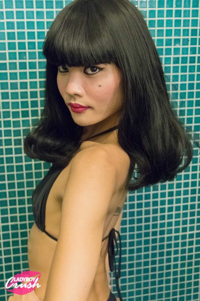 Hairy Asian Shemale Ning Fucks her own Ass in the Pattaya Shower Stall - Ning