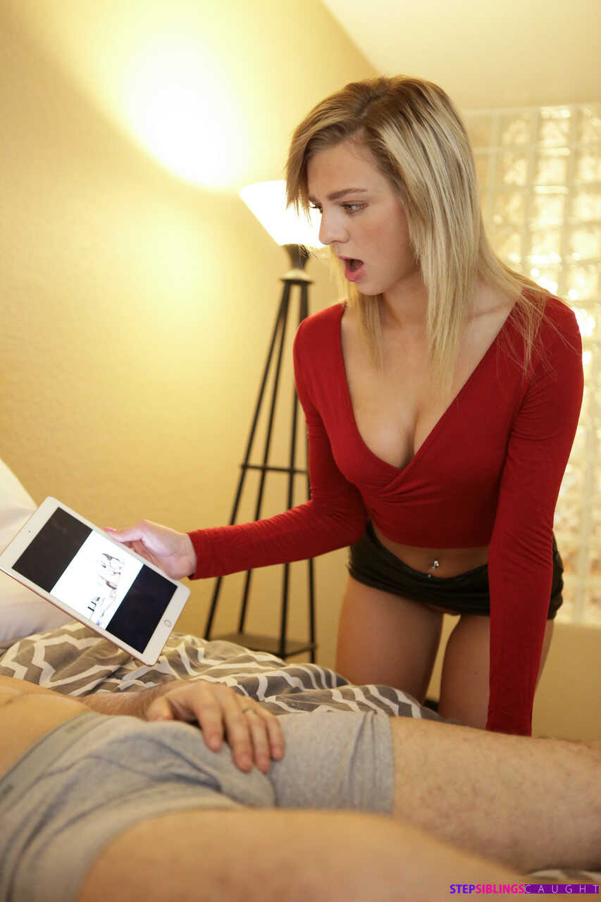 Blonde chick Tiffany Watson seduces her man in a black miniskirt and heels Fucking on the bed with a sexy blonde bombshell