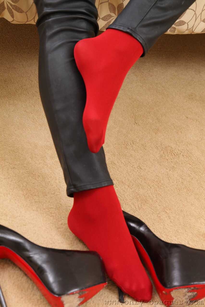 Euro Goddess Charley S Goes Braless In Red Pantyhose And Leather Leggings - Charley S