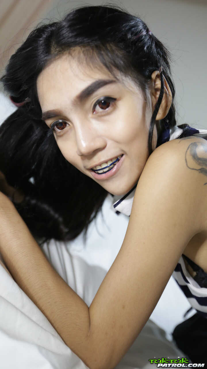 Skinny Thai girl with braces and tattoos gets naked for her game debut - Game