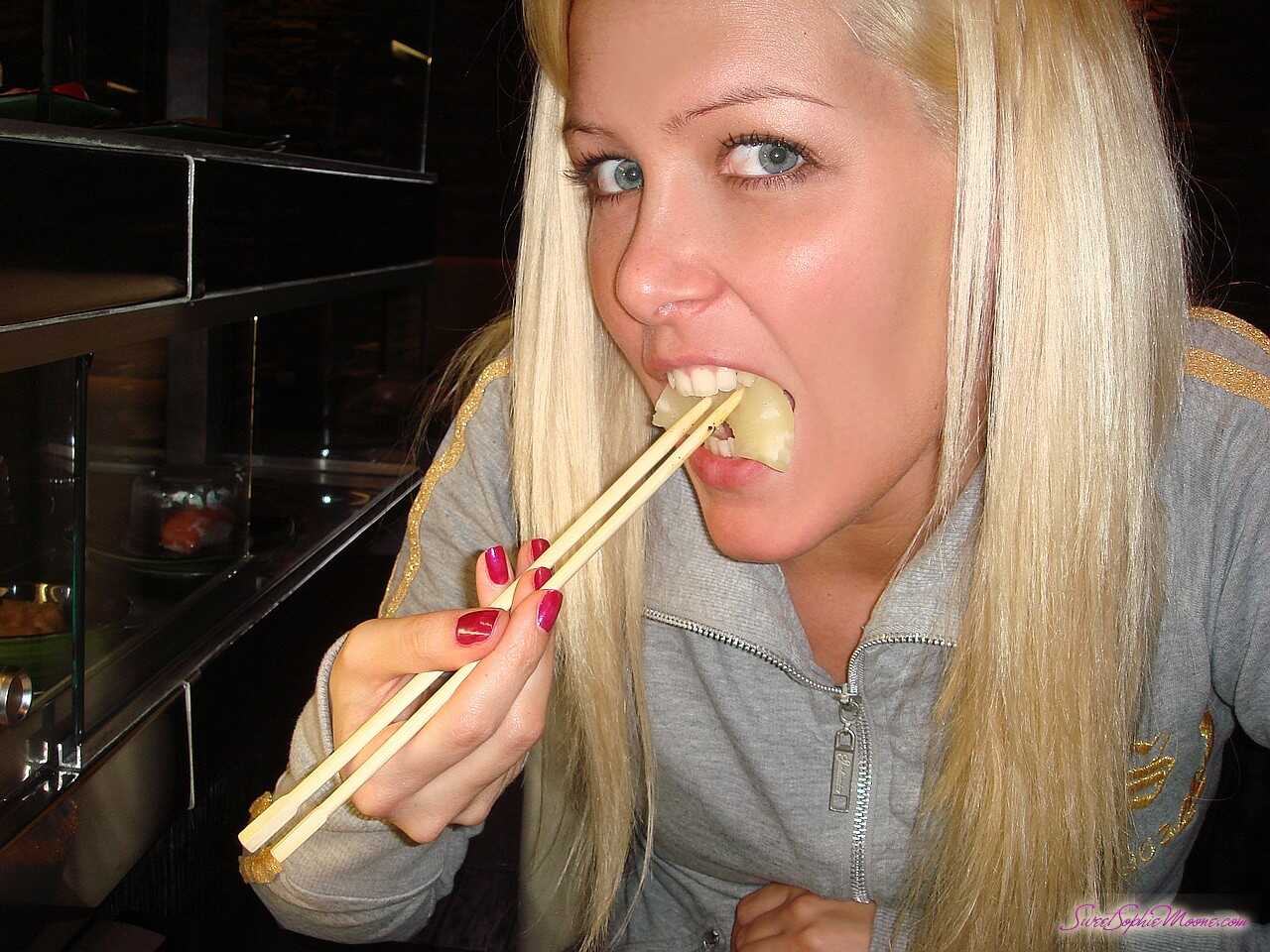 Busty Hungarian Milf Sophie Moone Enjoying Sushi and Rice Cakes in the Buff at a Japanese Restaurant