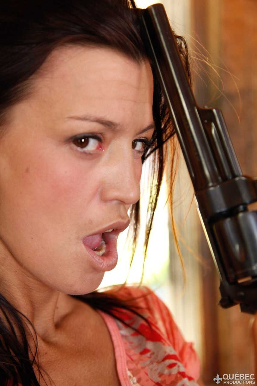 Asian MILF Amy Lee strips down and plays with her pistol while surrounded by her sexy girlfriends Kream, Roxy Lane, Shana ...