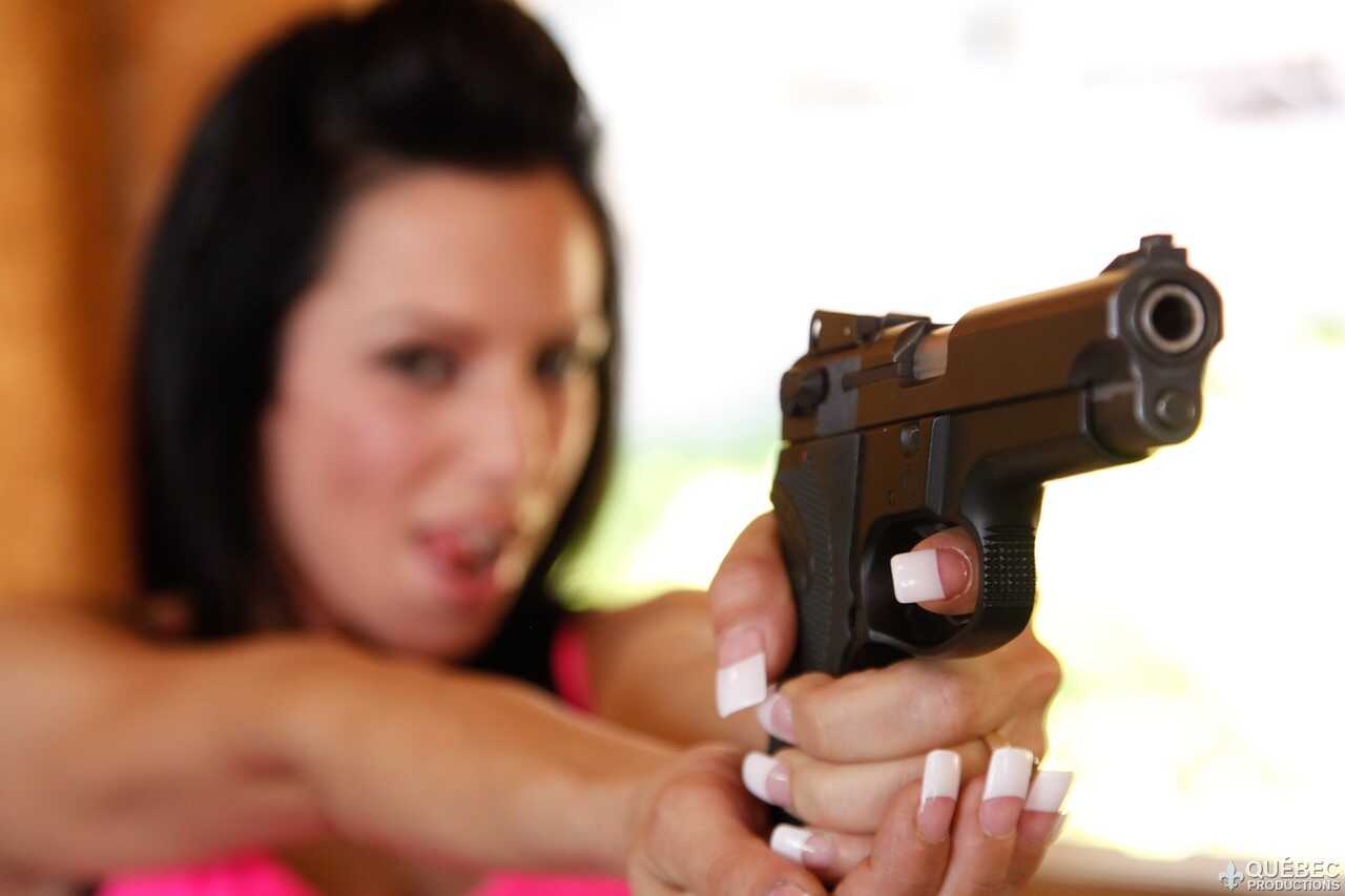 Sexy sluts in action Amy Lee, Kream, Roxy Lane, Shana Lane and Tera Patrick stripping naked and aiming at their targets wi...