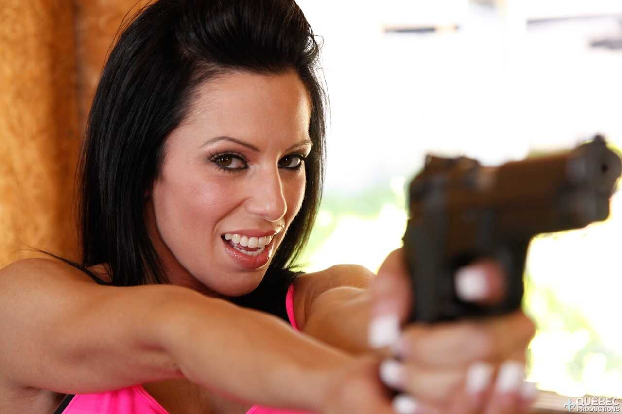 Sexy sluts in action Amy Lee, Kream, Roxy Lane, Shana Lane and Tera Patrick stripping naked and aiming at their targets wi...