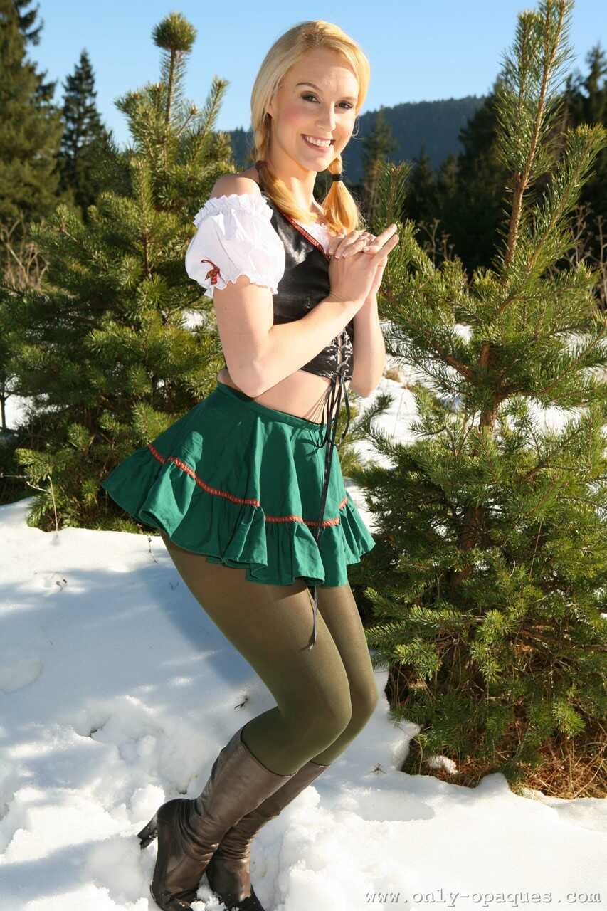 Curvy Cutie Joceline Brook Gets Naughty in the Snow with Her Tight Pantyhose and Sexy Green Skirt - Joceline Brook