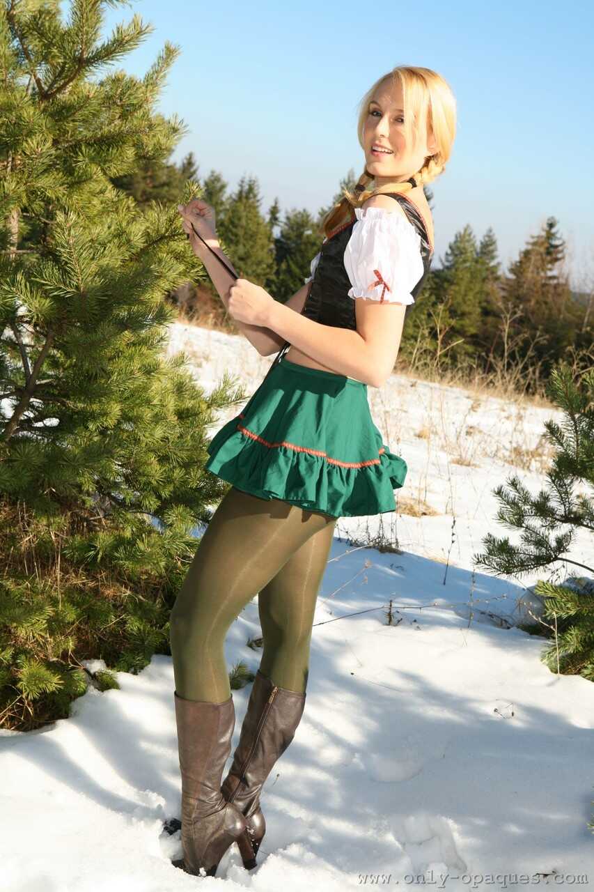 Curvy Cutie Joceline Brook Gets Naughty in the Snow with Her Tight Pantyhose and Sexy Green Skirt - Joceline Brook