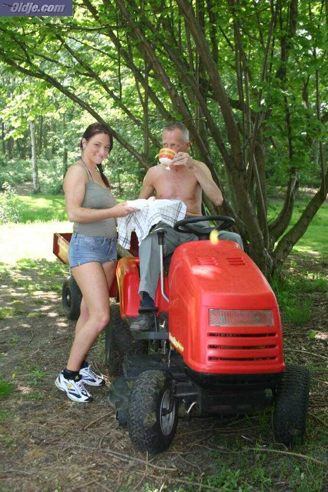 Patty stops the lawnmower to suck an old man’s rock hard dick before getting owned by him