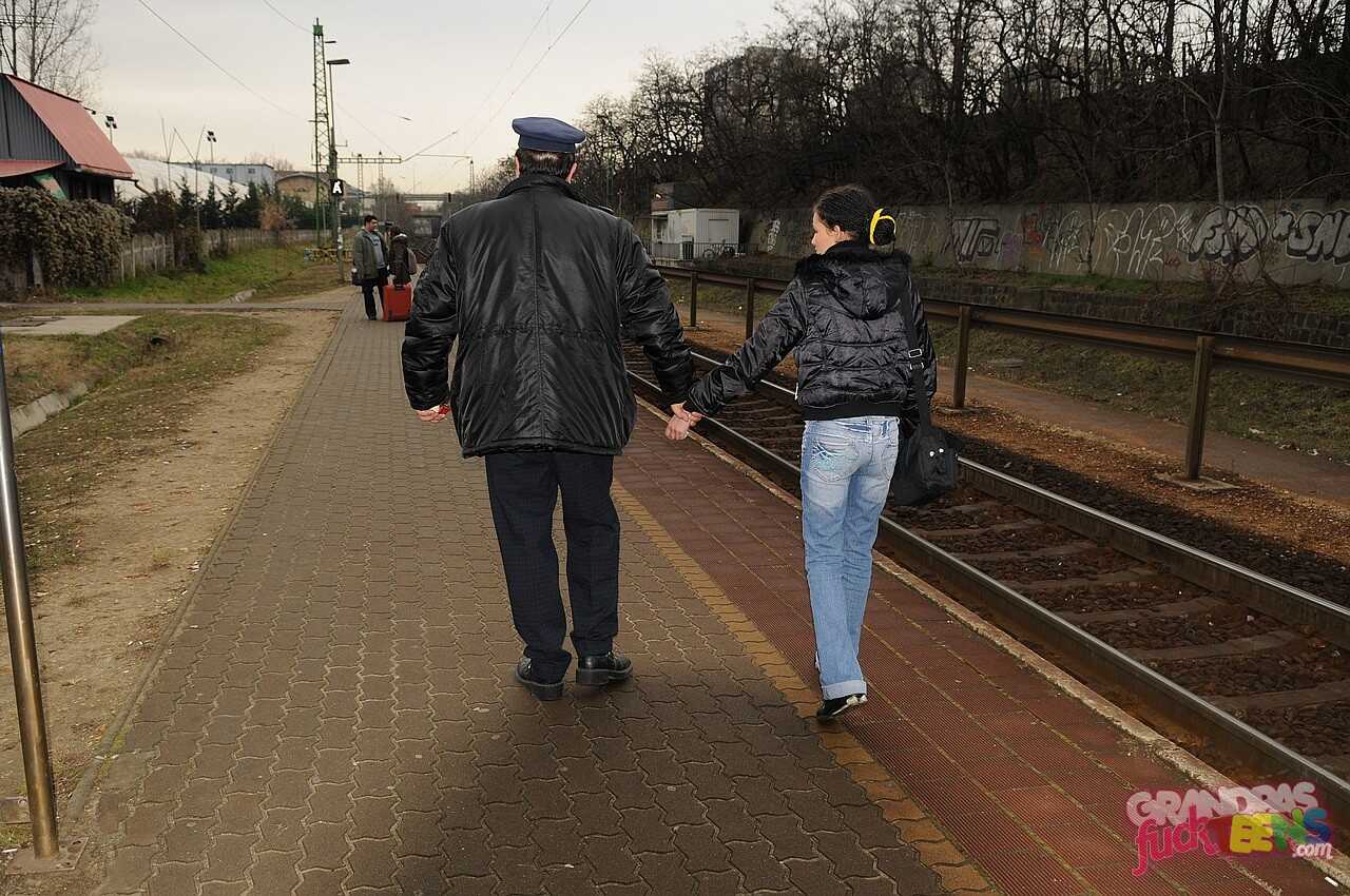 Train Station Seduction: Amanda Baby Gets Her Ticket Punched By the Old Conductor - Amanda Baby