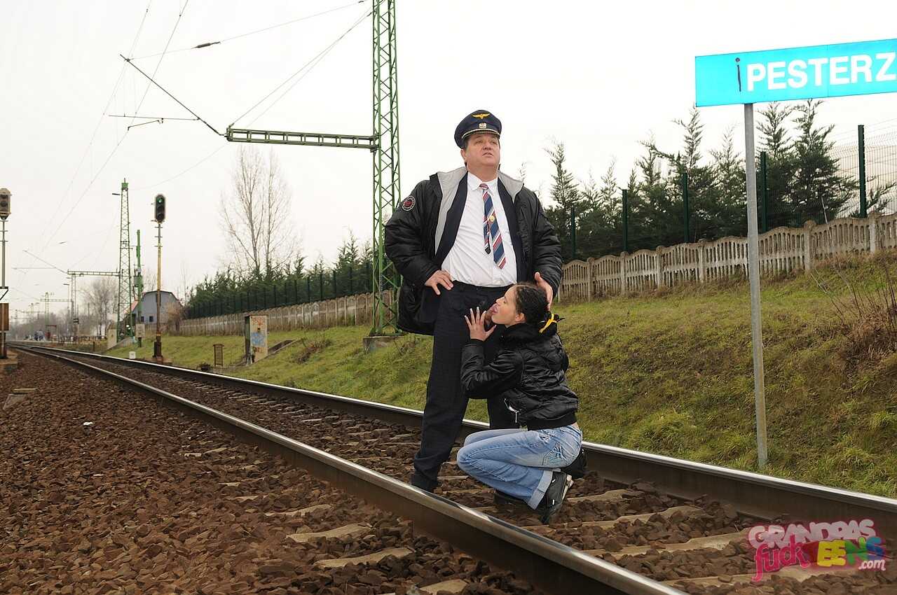 Train Station Seduction: Amanda Baby Gets Her Ticket Punched By the Old Conductor - Amanda Baby