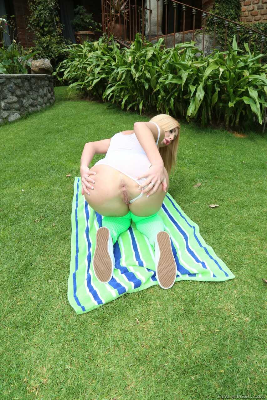 Stunning blonde hottie Alysa strips down and presents her fake tits and big ass for lesbian lover Isabella, who can't...