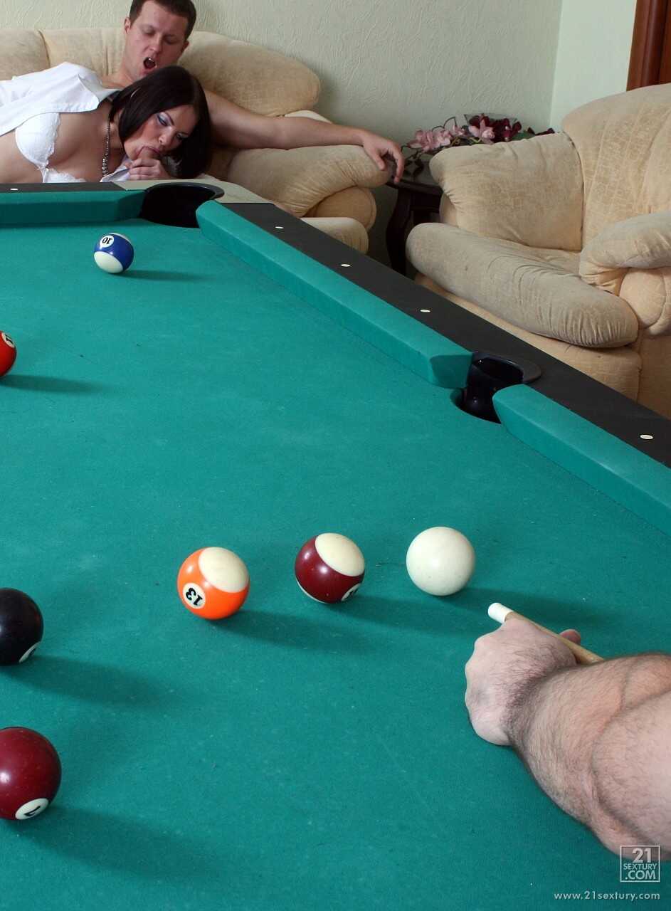 Brunette bombshell in need of some cock sucking pool table fun with two hot guys! - Mila Romana