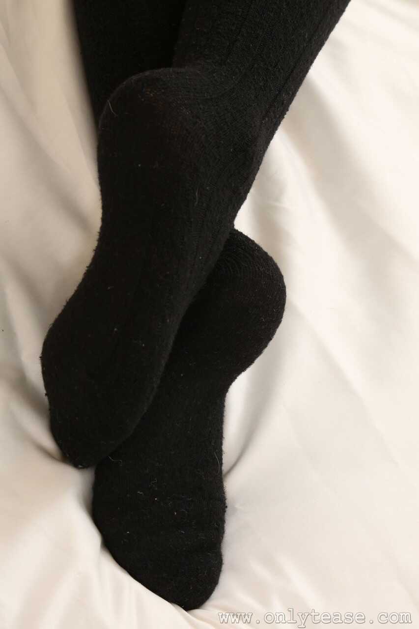Blonde Whipperina Strips And Poses In Knee High Socks On A Bed With Skinny Tayla's Hot Naked Body - Tayla
