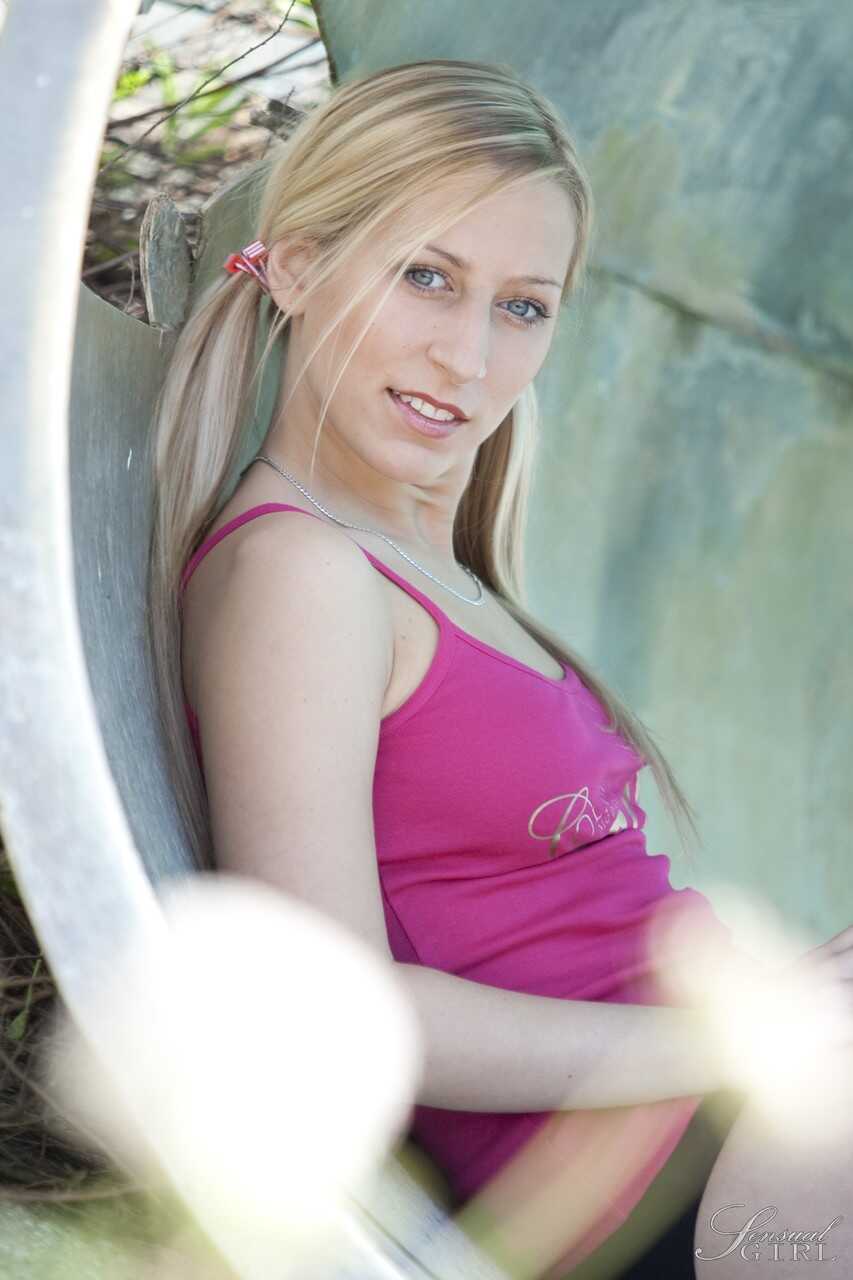 The Naughty Schoolgirl: Sassy blonde Caroline Fox reveals her medium tits and firm teen ass in pigtails - Caroline Fox