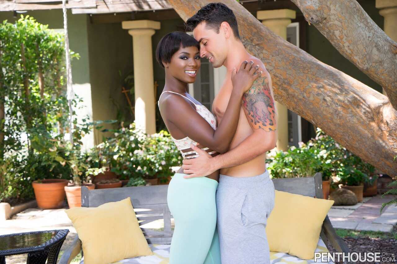 Short haired ebony babe Ana Foxxx gets backyard boning from her white lover with sexy black model Ryan Driller