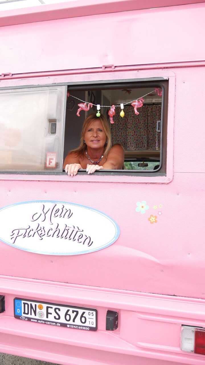 Chubby German MILF Strips Nude in a Pink Ice Cream Van and Gets Filled Up by Two Strong Guys - Nude Chrissy