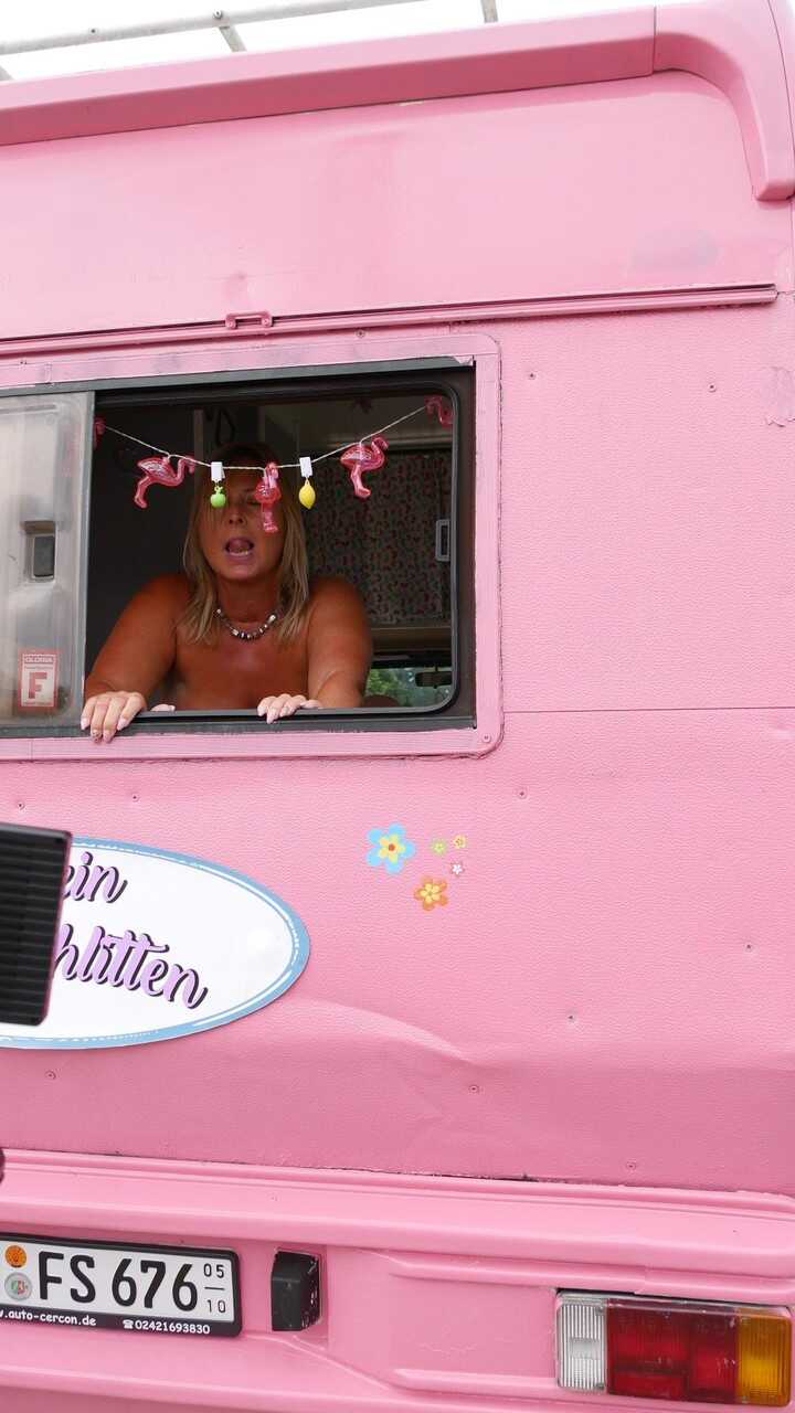 Chubby German MILF Strips Nude in a Pink Ice Cream Van and Gets Filled Up by Two Strong Guys - Nude Chrissy