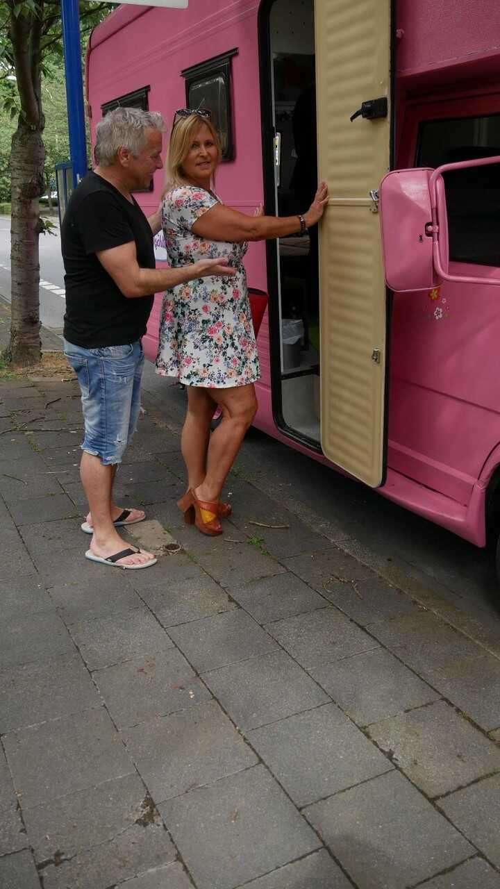 Chubby German MILF Strips Nude in a Pink Ice Cream Van and Gets Filled Up by Two Strong Guys - Nude Chrissy