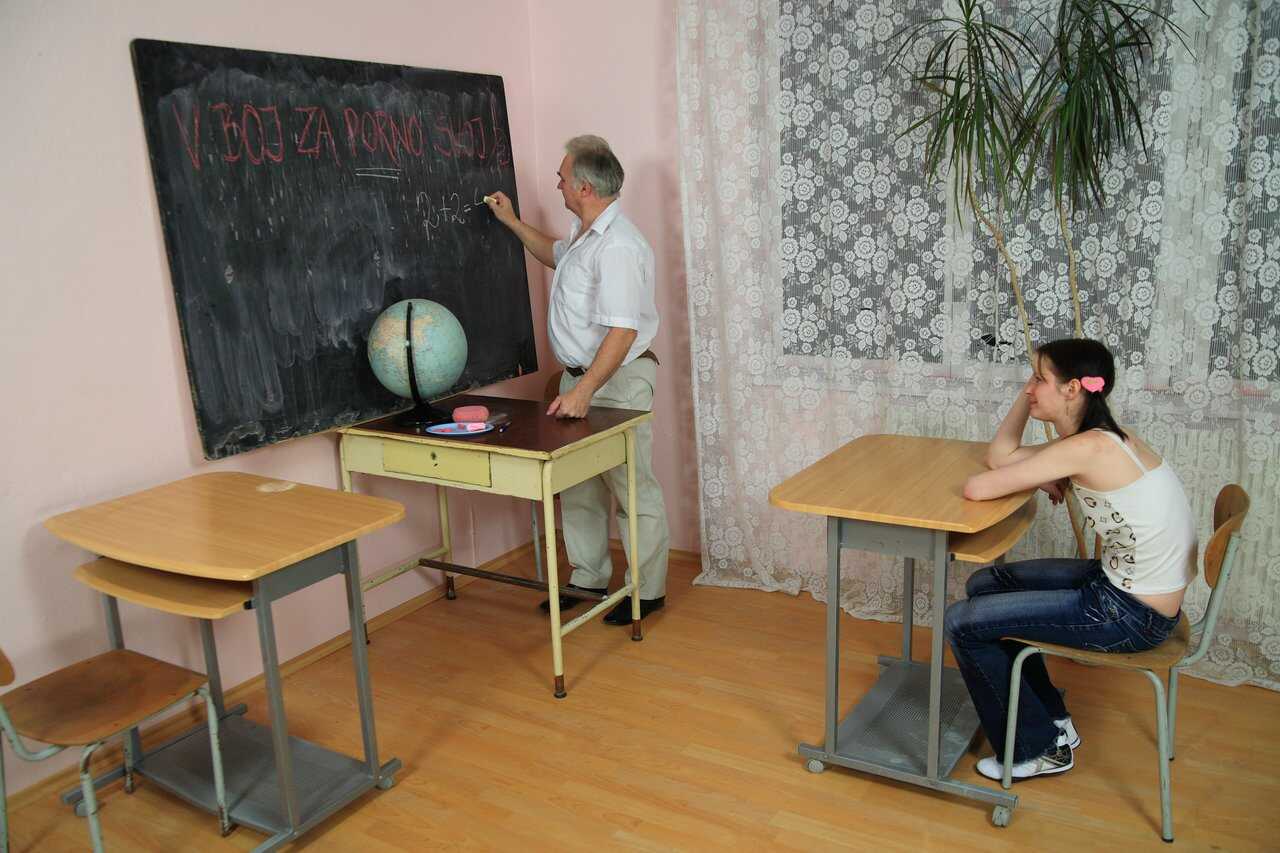 Hot pigtailed teen Iren's wild roasting by two sexy old teachers in the classroom- Mature gentleman pleasures a young...
