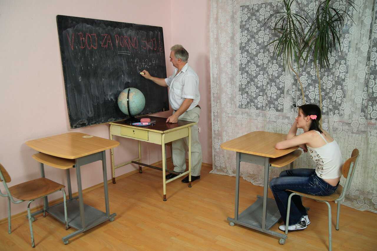Hot pigtailed teen Iren's wild roasting by two sexy old teachers in the classroom- Mature gentleman pleasures a young...