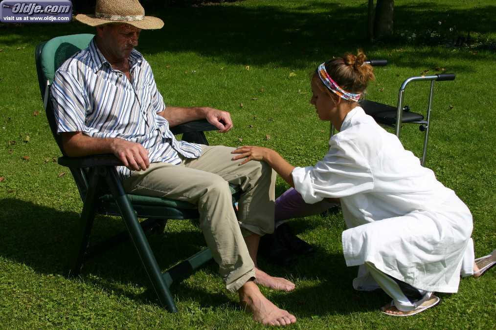 Small titted amateur teen Jean pleasures an old daddy's stiff boner while nude in the outdoors with her new nurse uni...