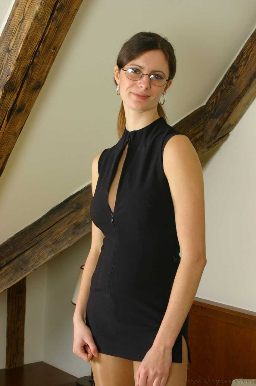 Adorable Brunette Martina Poses Topless in her Tight Dress and Nylons - Martina