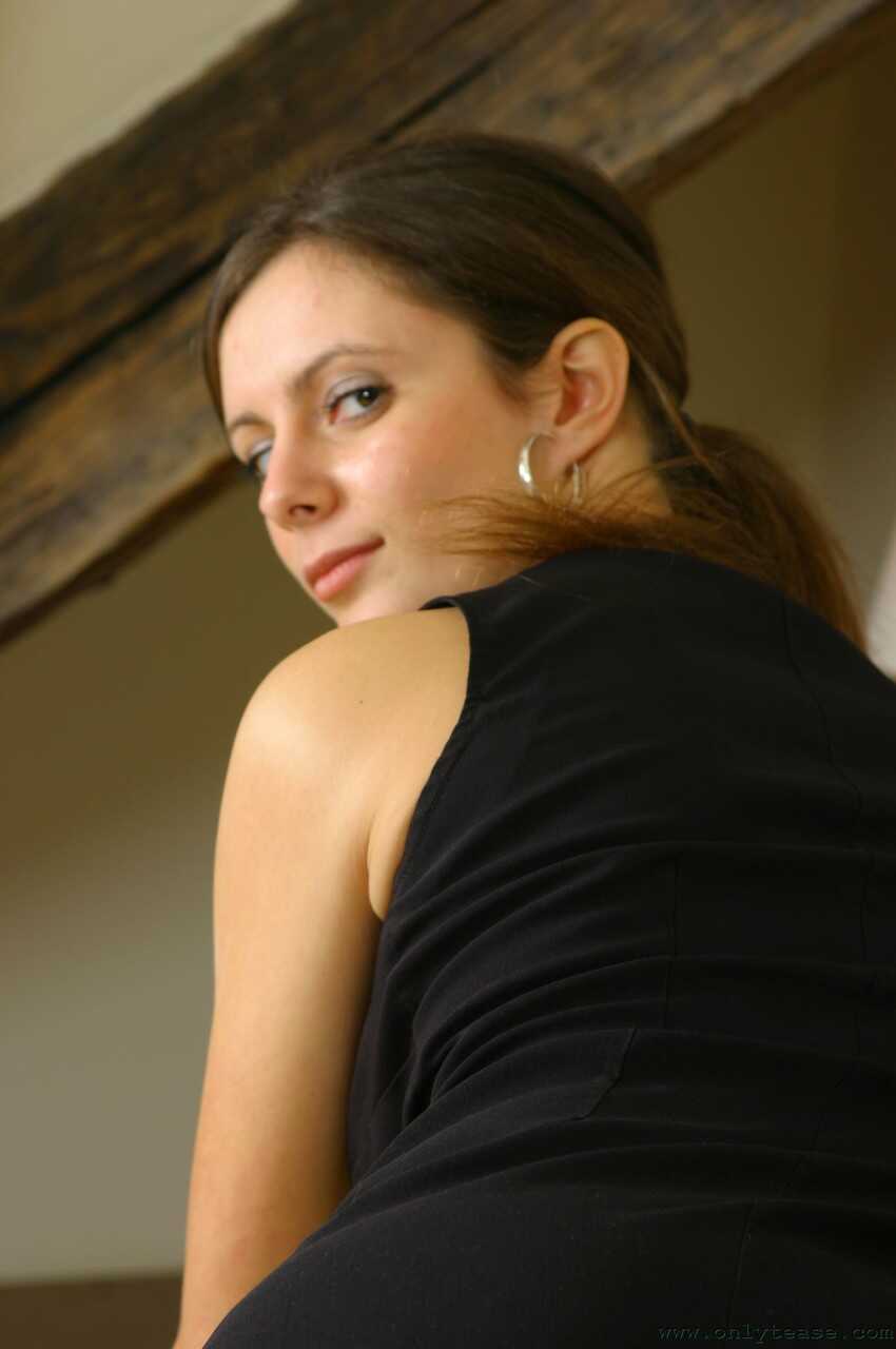 Adorable Brunette Martina Poses Topless in her Tight Dress and Nylons - Martina