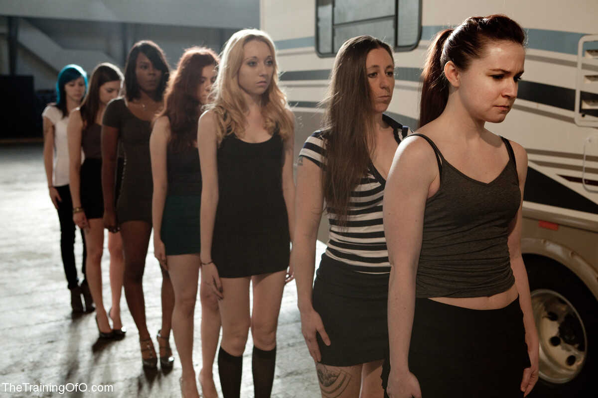 Outdoor BDSM Handlers Strip Lined-up Damsels in Handcuffs: Annabelle Lee, Coffee Brown, Emma Haize, Iona Grace, Krysta Kao...