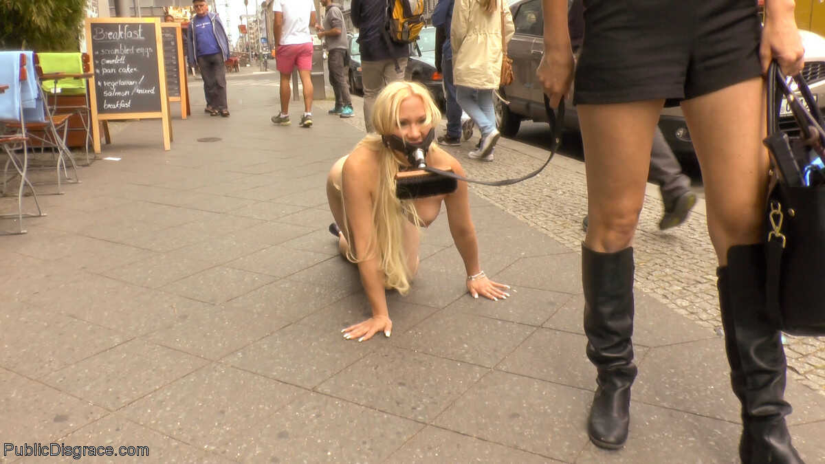 Dirty blonde with big tits and lingerie, Mona Wales submitting to a BDSM gangbang with multiple partners in public - CELIN...