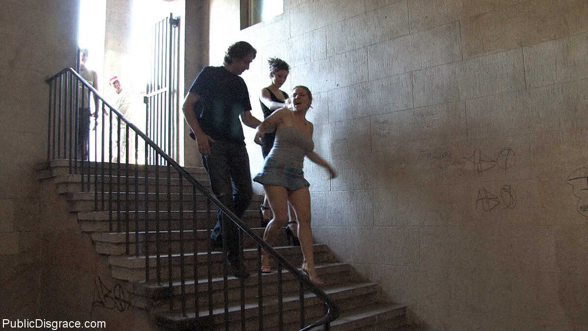Blonde Lady Jagdelfe Gets Publicly Shamed and Humiliated by a Wild Couple with Big Tits - Jagdelfe