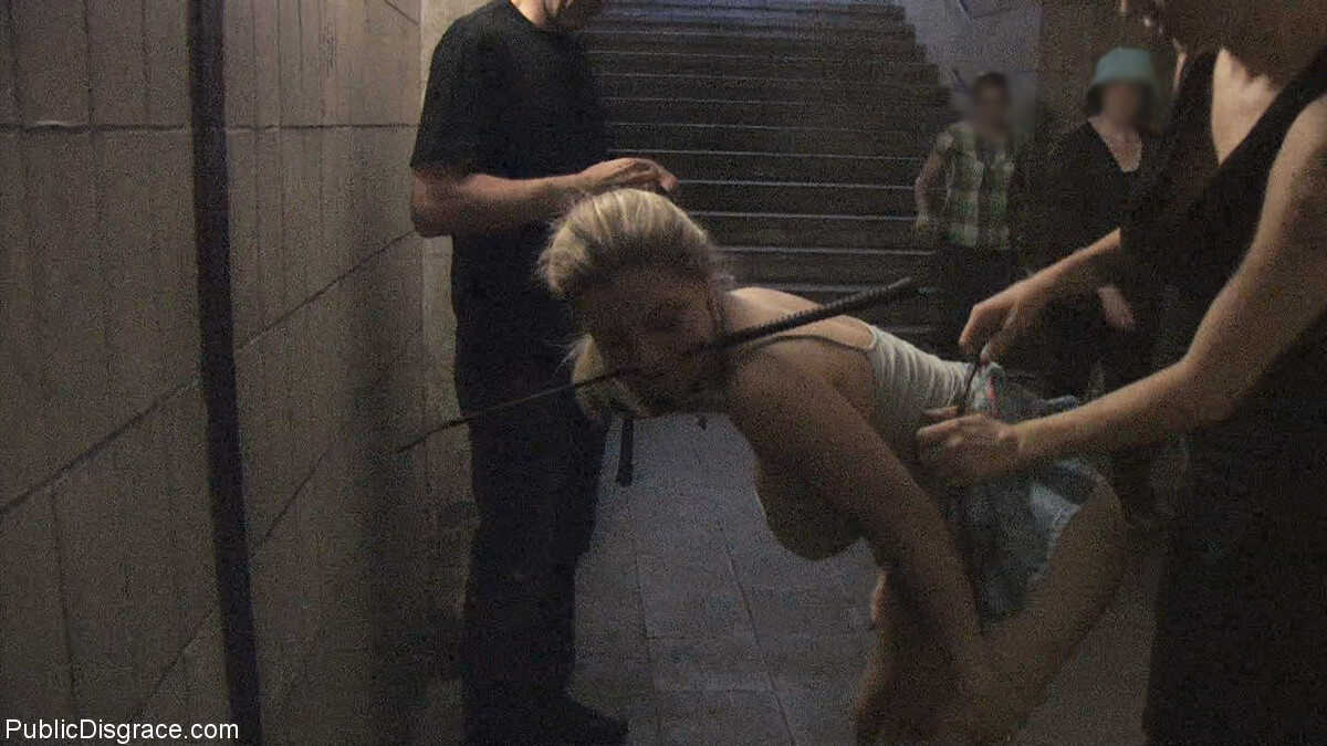 Blonde Lady Jagdelfe Gets Publicly Shamed and Humiliated by a Wild Couple with Big Tits - Jagdelfe