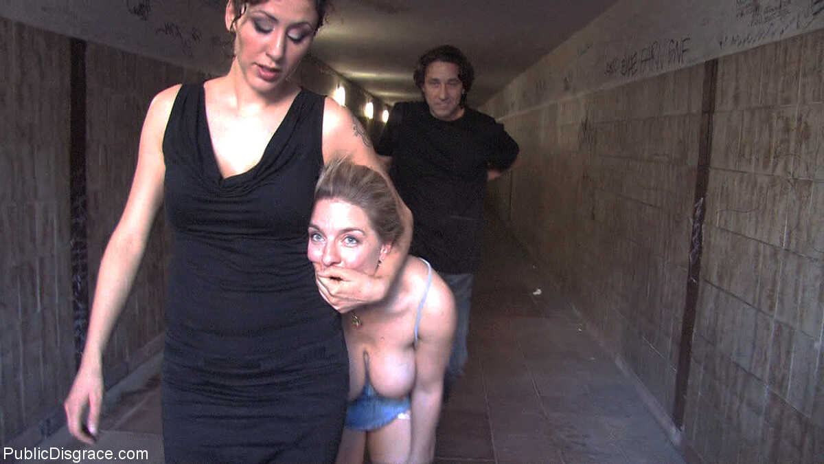 Blonde Lady Jagdelfe Gets Publicly Shamed and Humiliated by a Wild Couple with Big Tits - Jagdelfe