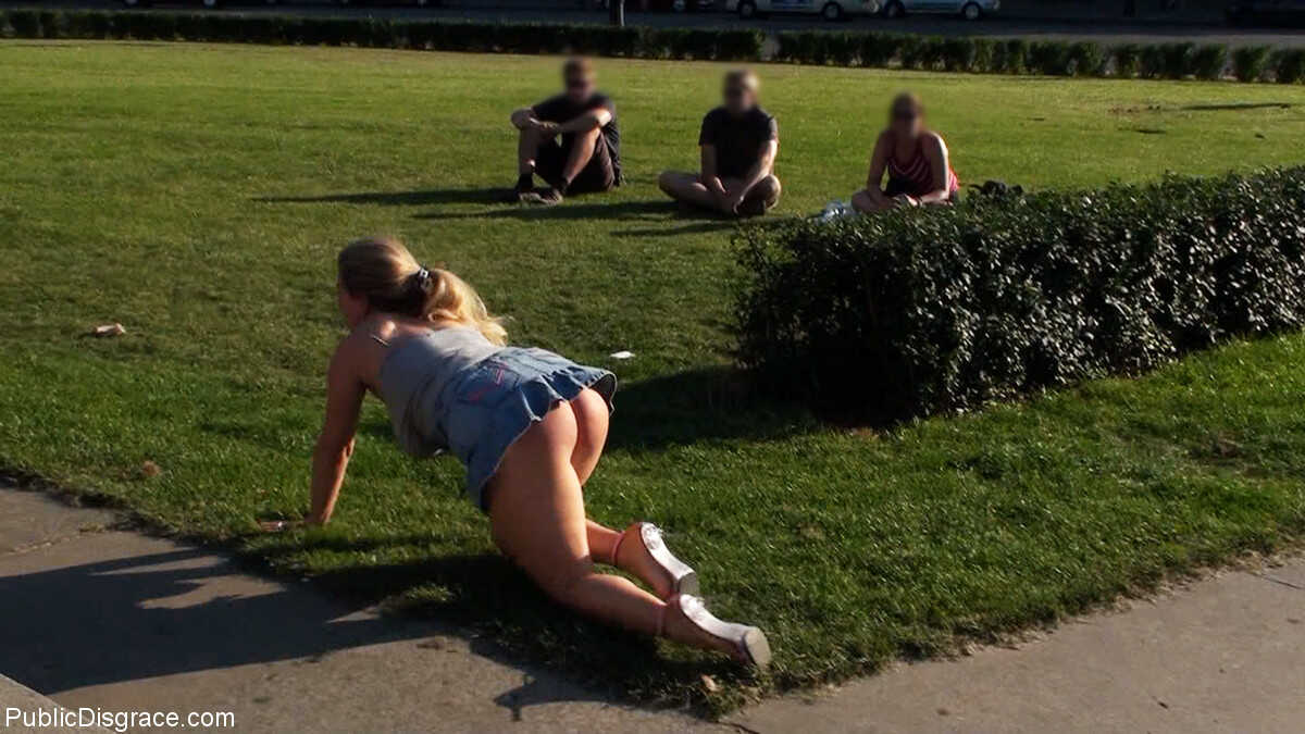 Blonde Lady Jagdelfe Gets Publicly Shamed and Humiliated by a Wild Couple with Big Tits - Jagdelfe