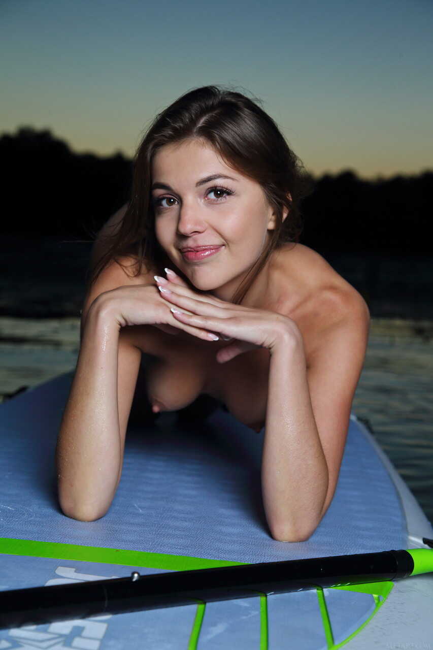 Barefoot brunette Monika Dee's wet and wild paddleboard ride at sunset - Monika Dee