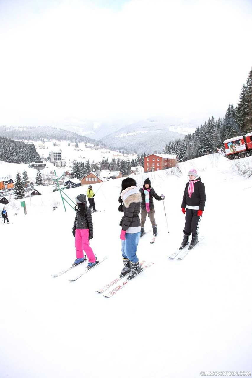 Lustful Lesbians Linda O, Betty K, Nicoletta H & Lilly P Skinny Dip in the Snow After a Day of Skiing - Betty K, Lilly...