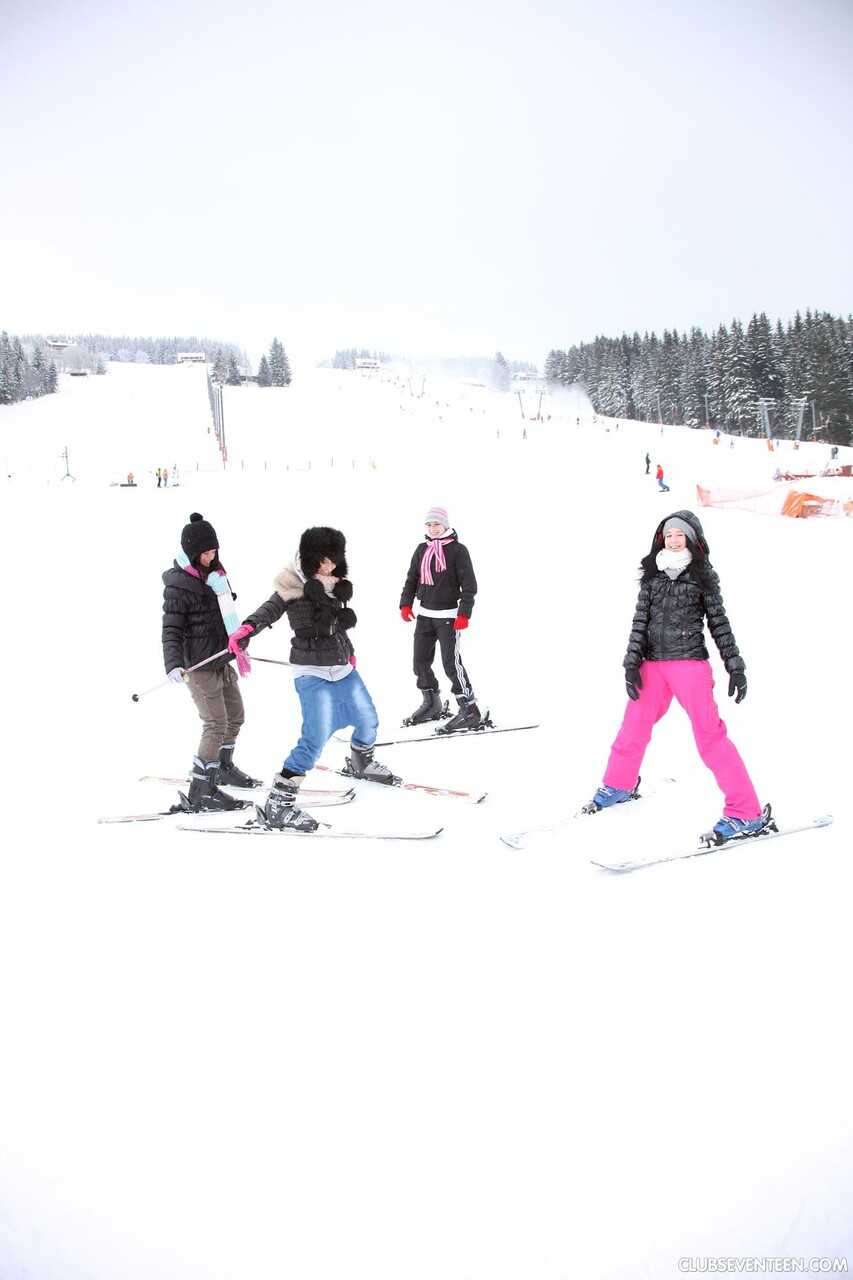 Lustful Lesbians Linda O, Betty K, Nicoletta H & Lilly P Skinny Dip in the Snow After a Day of Skiing - Betty K, Lilly...
