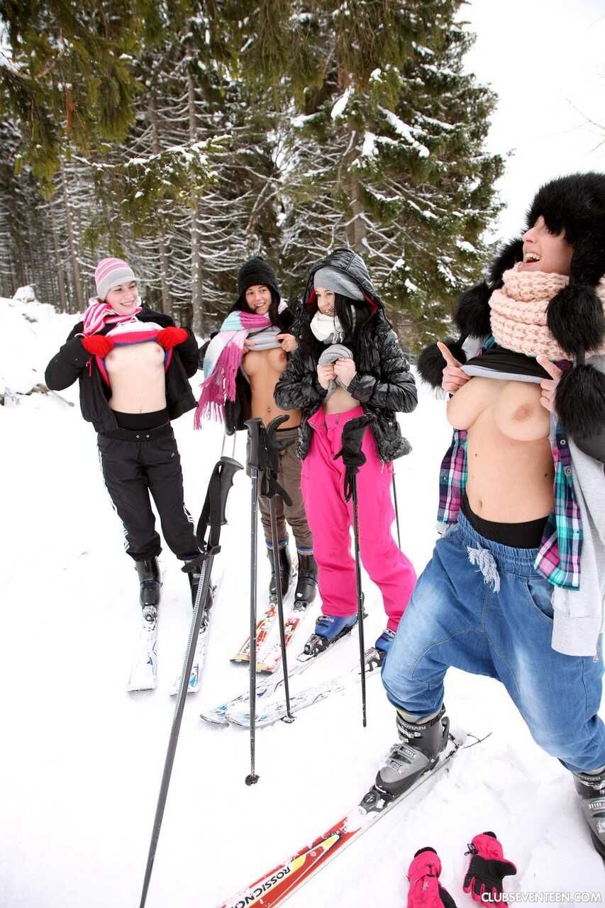 Lustful Lesbians Linda O, Betty K, Nicoletta H & Lilly P Skinny Dip in the Snow After a Day of Skiing - Betty K, Lilly...