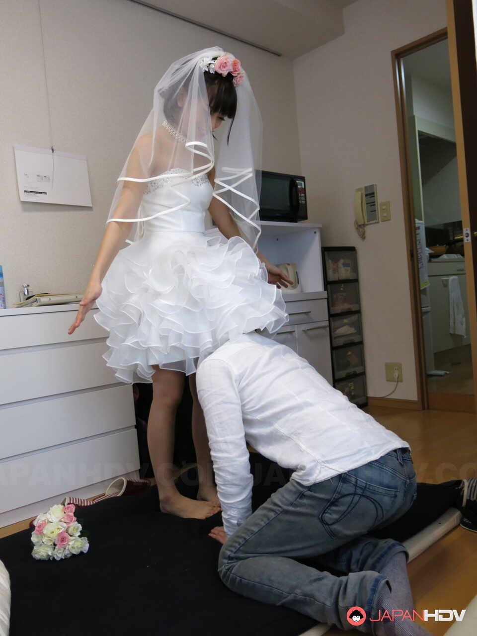 Japanese bride Ruri Narumiya fucks on the floor after tasting a wedding cake Clothed Fuck with Beautiful Japanese Handjob ...