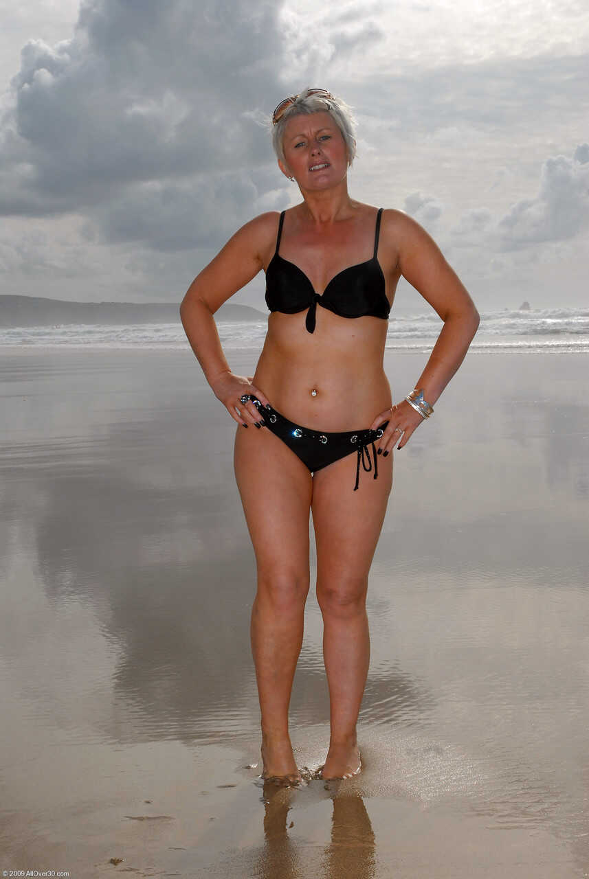 Sally T Short Haired Blonde Mature Exposes Her Pierced Pussy on the Beach - Sally T