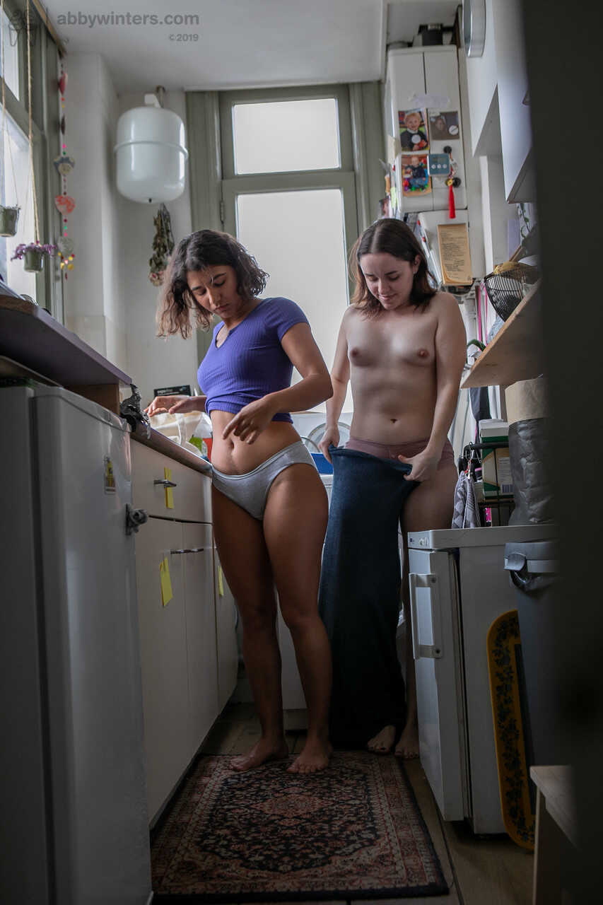 First time fatties, Sienna G and Tilly B explore each other's juicy asses in the narrow kitchen - Sienna G, Tilly B