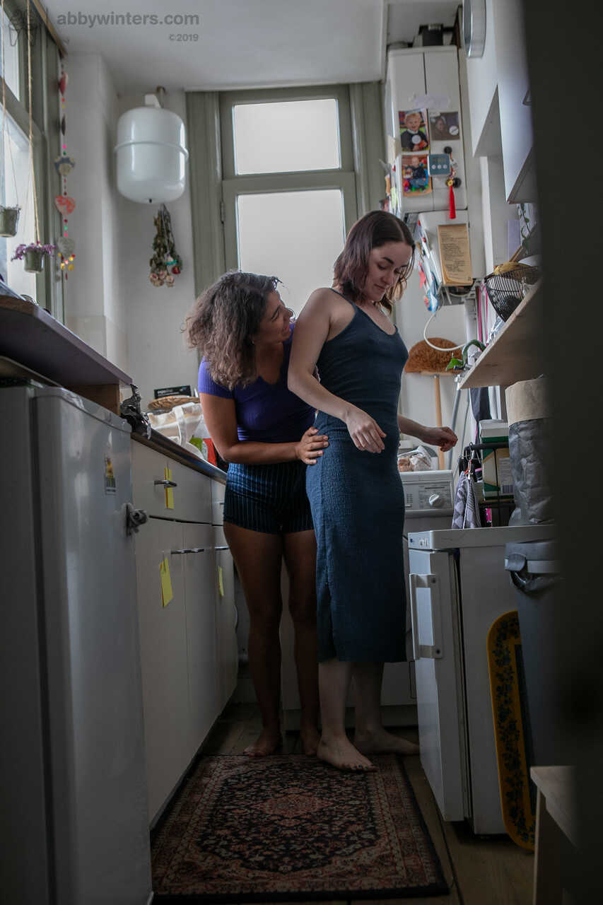 First time fatties, Sienna G and Tilly B explore each other's juicy asses in the narrow kitchen - Sienna G, Tilly B
