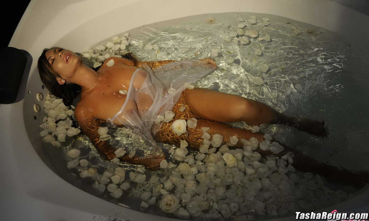 Busty babe Tasha Reign plays with her big boobs in the tub, soaking wet! - Tasha Reign
