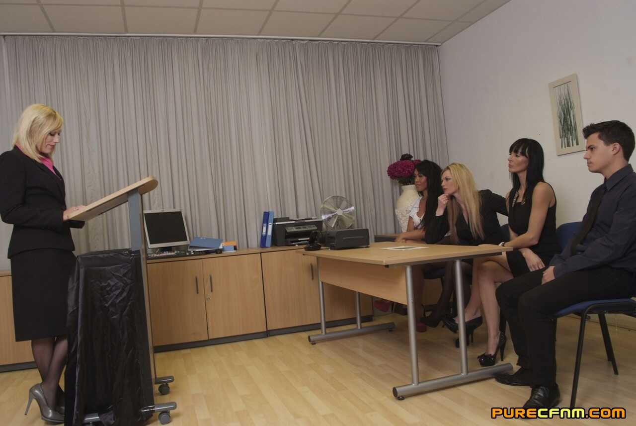 Busty MILFs Dominate their Young Male Employee during a Boardroom Meeting - Axa Jay, Franki Rider, Hannah Shaw, Holly Kiss