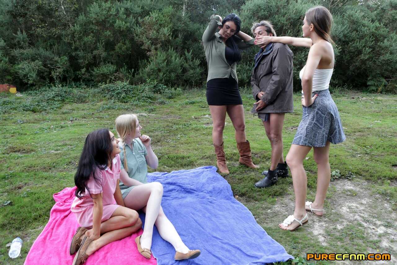 Outdoor Handjobs with Clothed Pornstars Emma Leigh, Lola Rae, Satine Spark, and Tina Kay for Kinky CFNM Teen British Petit...
