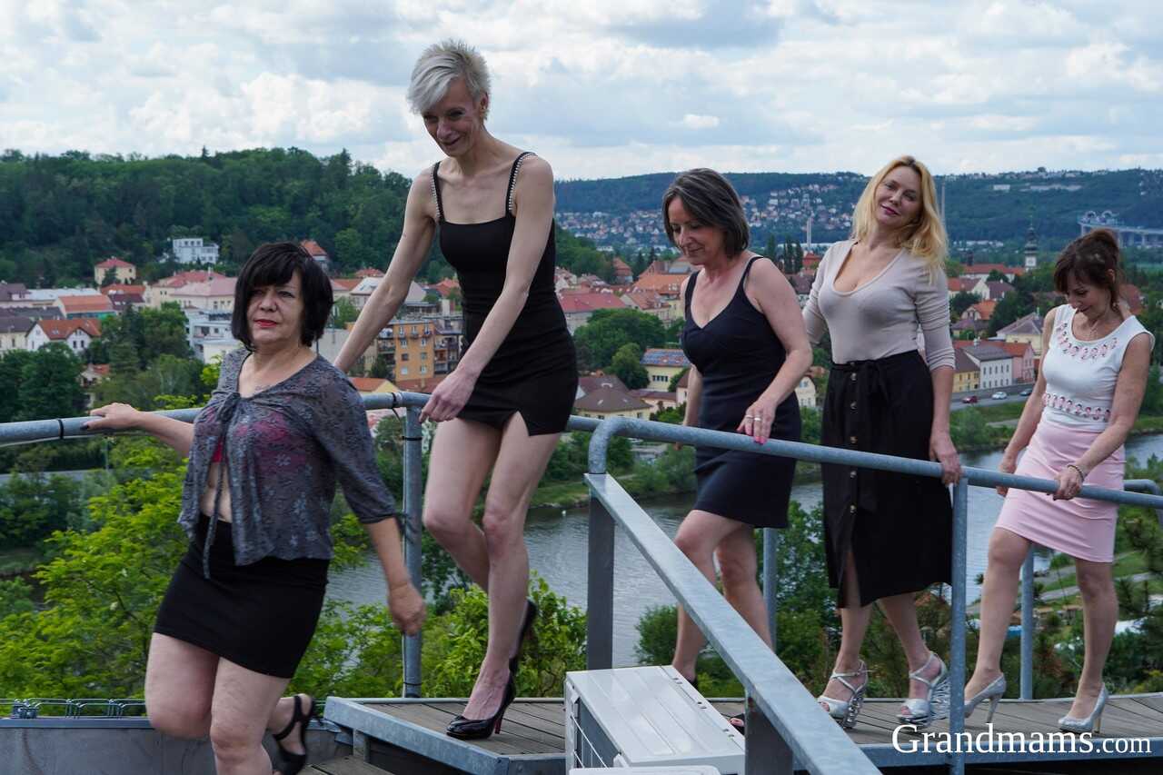 Granny Belinda and Her Girlfriends Share a Big Dong on the Rooftop Orgy