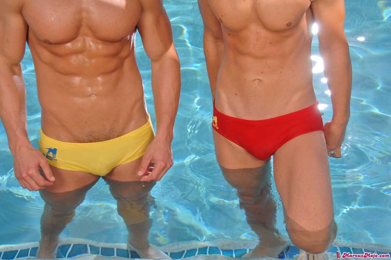 Splashing Wet Dreams: Blonde Studs Marcus Mojo and Alex Waters Enjoy Poolside Blowjobs